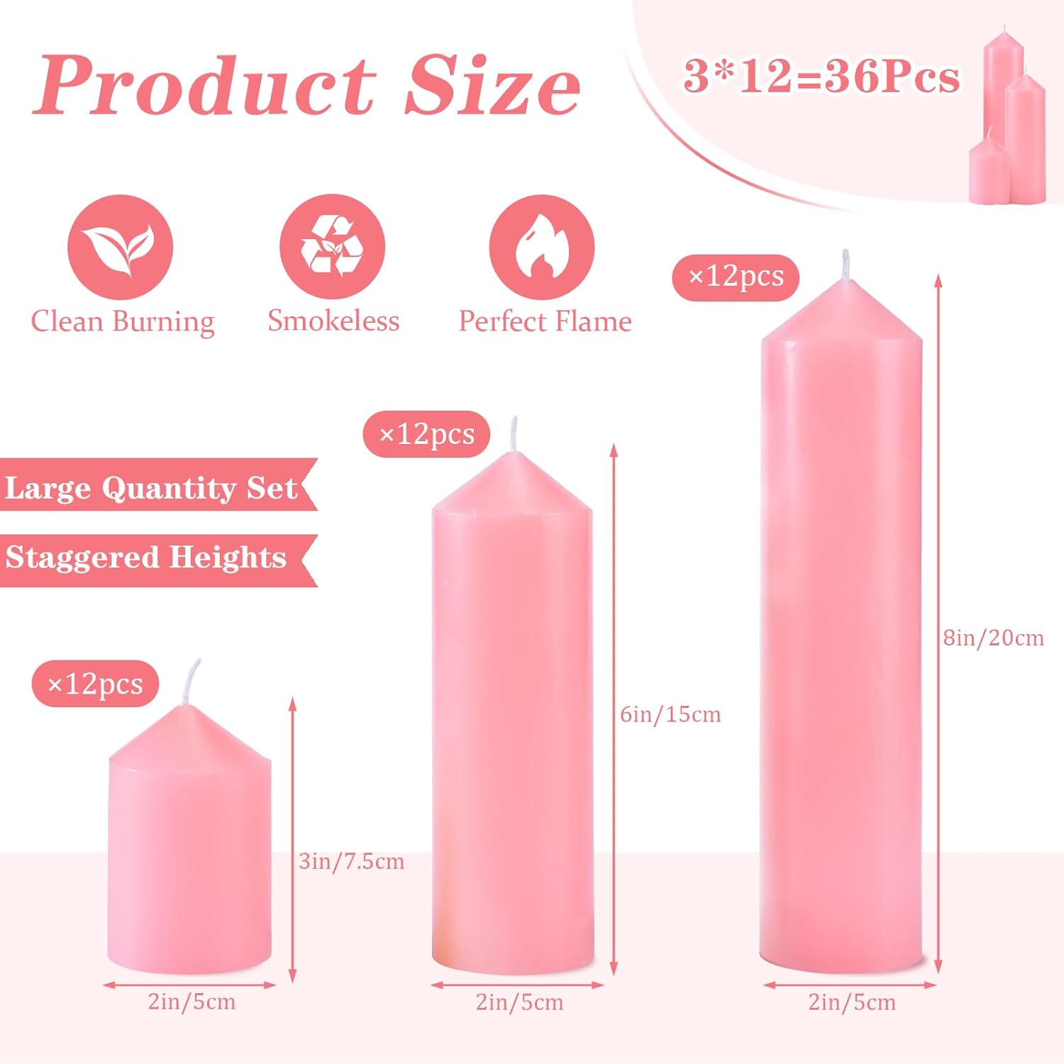 36 Pcs Pink Pillar Candles Bulk Set，Hurricane Candles，3 Different Lengths (12 Each)，Dripless Unscented Smokeless，Gives You a Better Atmosphere When Organizing Wedding or Event Party.
