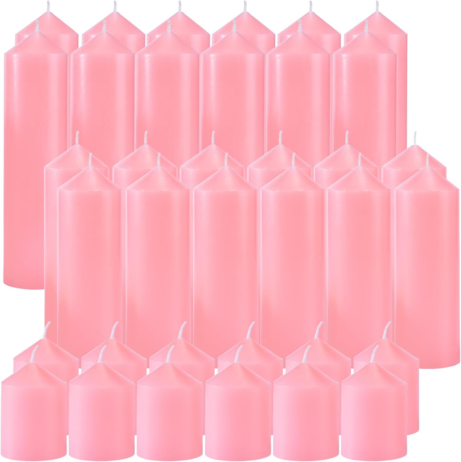 36 Pcs Pink Pillar Candles Bulk Set，Hurricane Candles，3 Different Lengths (12 Each)，Dripless Unscented Smokeless，Gives You a Better Atmosphere When Organizing Wedding or Event Party.