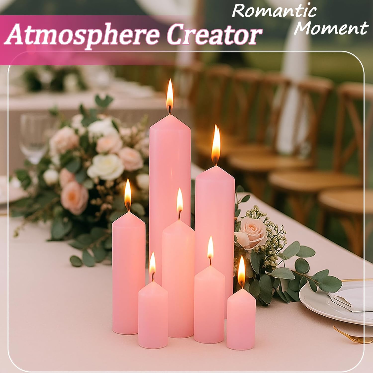 36 Pcs Pink Pillar Candles Bulk Set，Hurricane Candles，3 Different Lengths (12 Each)，Dripless Unscented Smokeless，Gives You a Better Atmosphere When Organizing Wedding or Event Party.
