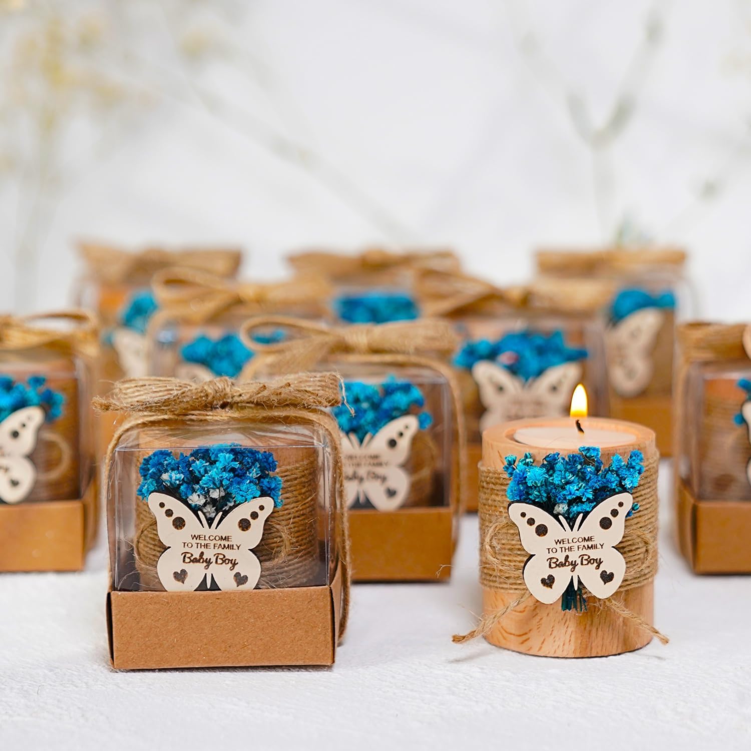 10 Pack Tealight Candle Holders Baby Shower Favors for Guests - Gender Reveal Return Gifts Boy Blue, Baby Shower Decorations Boy, Thank You Gifts - Decorative for Table Centerpiece