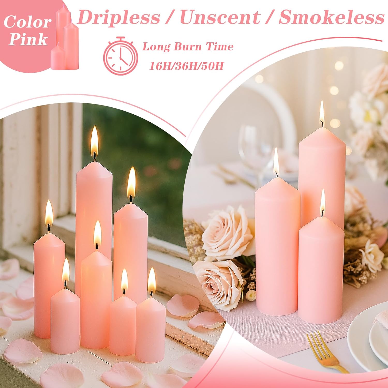 36 Pcs Pink Pillar Candles Bulk Set，Hurricane Candles，3 Different Lengths (12 Each)，Dripless Unscented Smokeless，Gives You a Better Atmosphere When Organizing Wedding or Event Party.