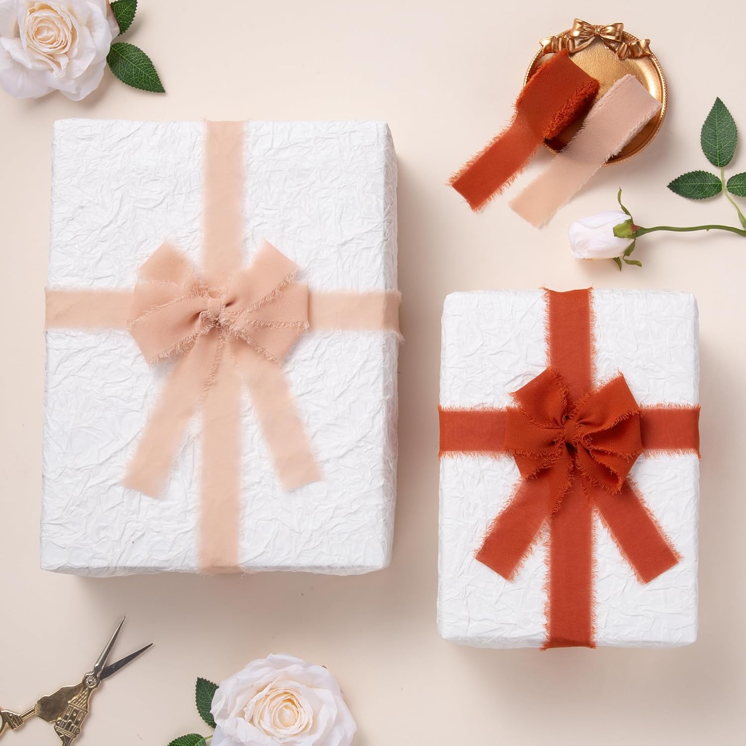 DORIS HOME Burnt Orange Chiffon Ribbon for Flower Bouquet, 1" x21Yd Fabric Ribbon for Gift Wrapping, Handmade Frayed Ribbon for Wedding Invitations/Christmas Decorations